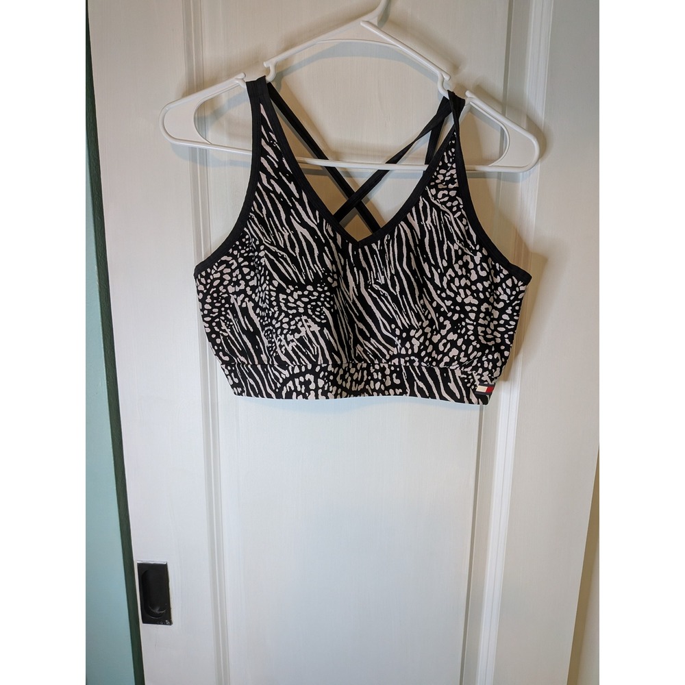 Tommy Hilfiger Sport Animal Print V-Neck Crisscross Back Sports Bra XL Black